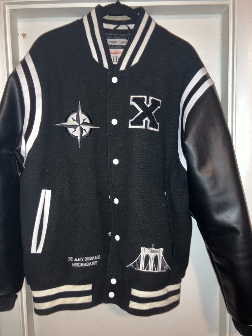 Black & White Bomber-Style Varsity Jacket with Embroidered Patches